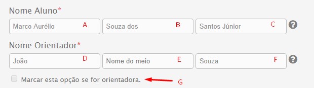 Três campos para primeiro, segundo nome e sobrenome do aluno, e mais três para os mesmos do coordenador. Um botão checkmark abaixo deles.