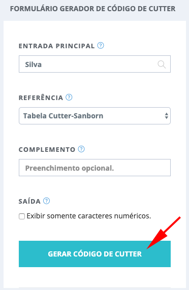 Formulário gerador de Código de Cutter, com o botão marcado
